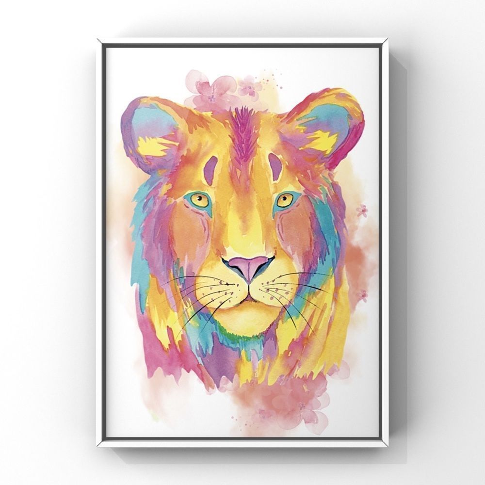 Yellow Pink Blue watercolor Lioness portrait wall art home decor gift